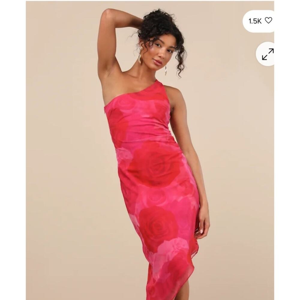 Lulus Pretty Serene Pink Floral One-Shoulder Asymmetrical Midi Dress Size XS